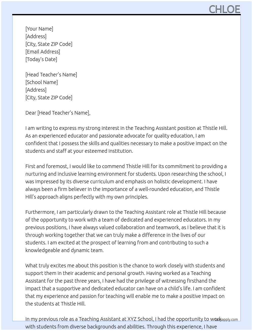 Teaching assistant At Thistle hill Cover Letter