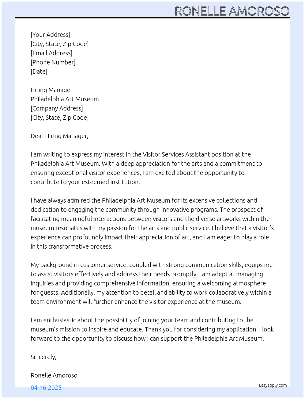 cover letter for visitor services assistant At Philadelphia Art Museum Cover Letter