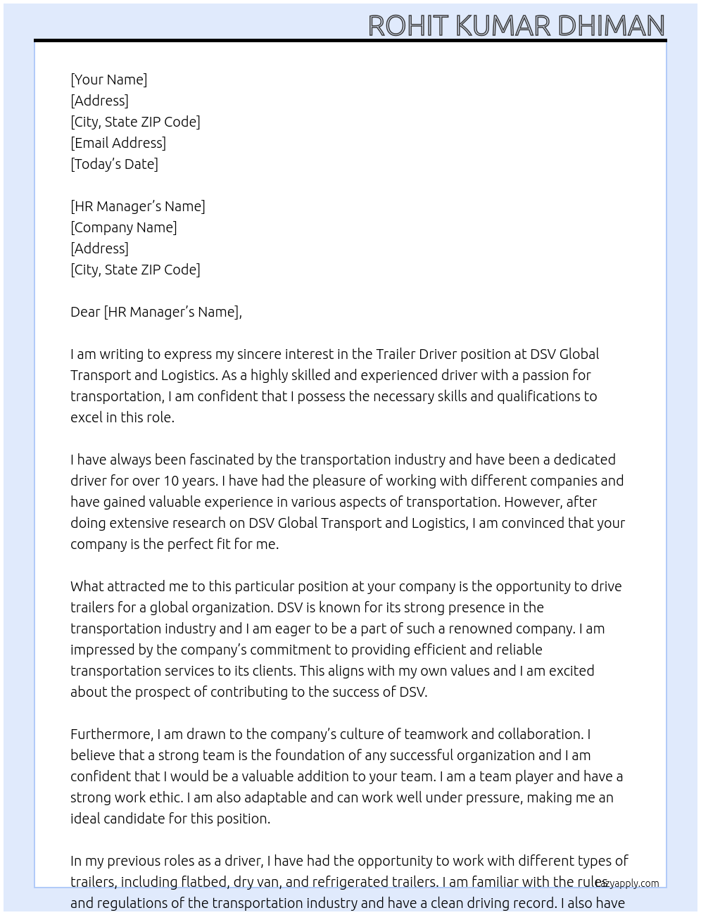 Trailer Driver At DSV Global Transport and Logistics Cover Letter