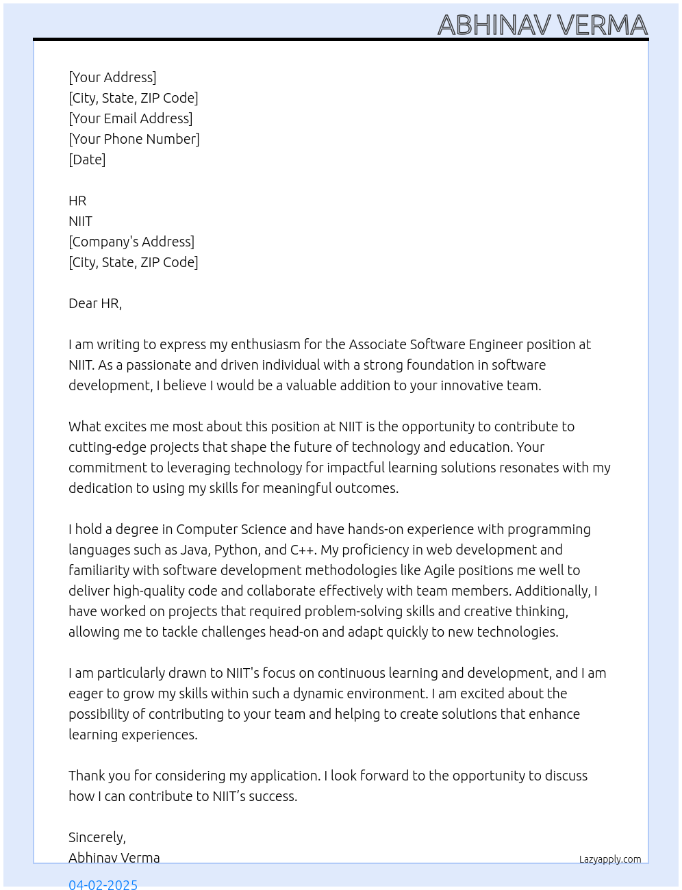 Associate Software Engineer At NIIT Cover Letter