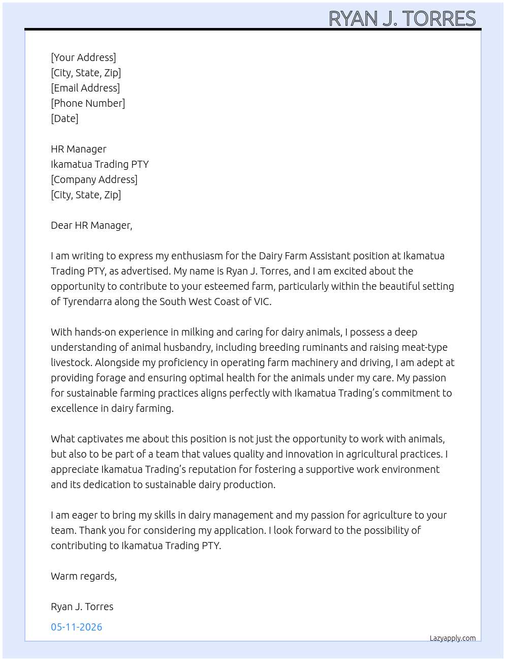 Dairy Farm Assistant At Ikamatua trading PTY  Cover Letter