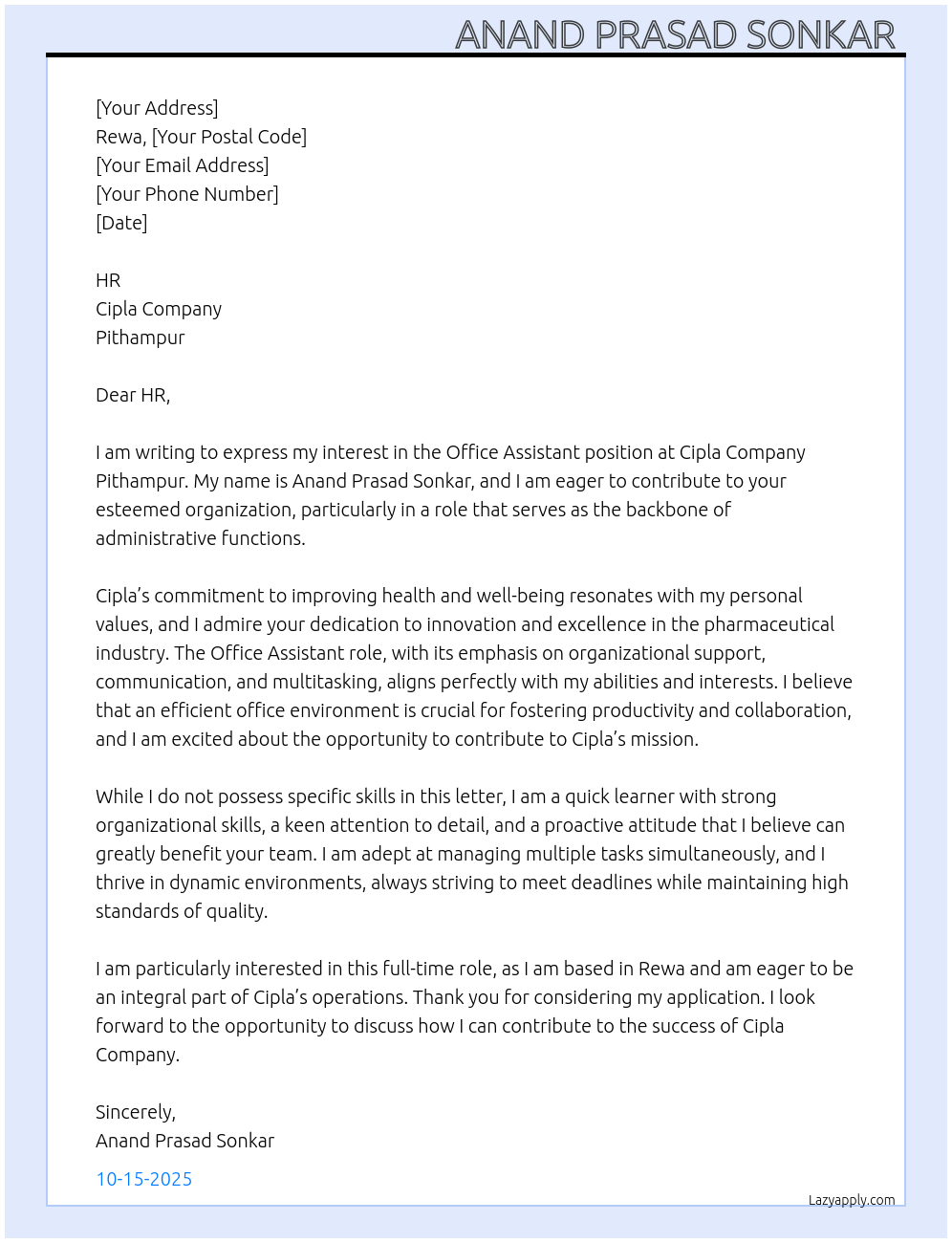 Office assistant At Cipla Company Pithampur Cover Letter