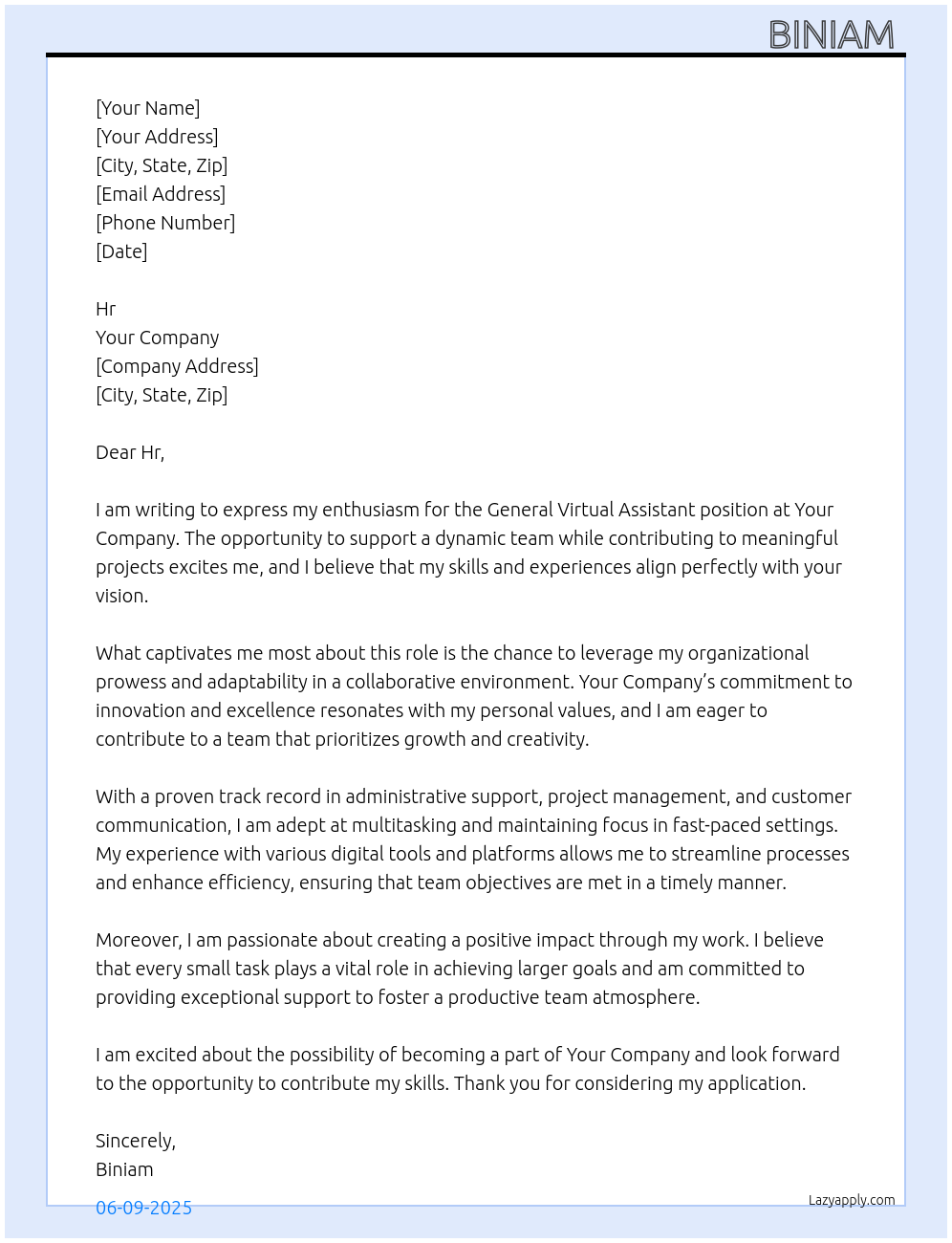 General virtual assistant At Your company Cover Letter