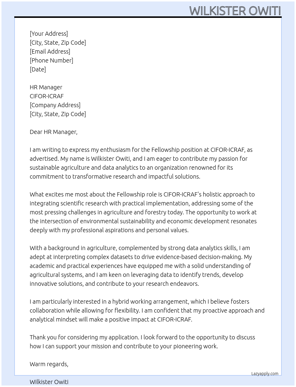 Fellowship At CIFOR-ICRAF Cover Letter
