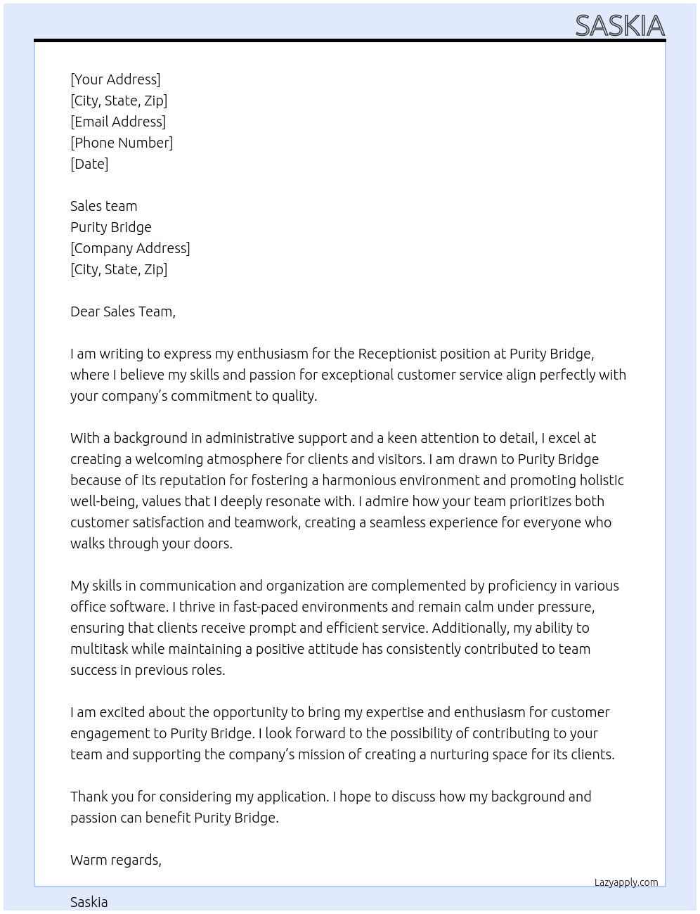 Receptionist At Purity Bridge Cover Letter