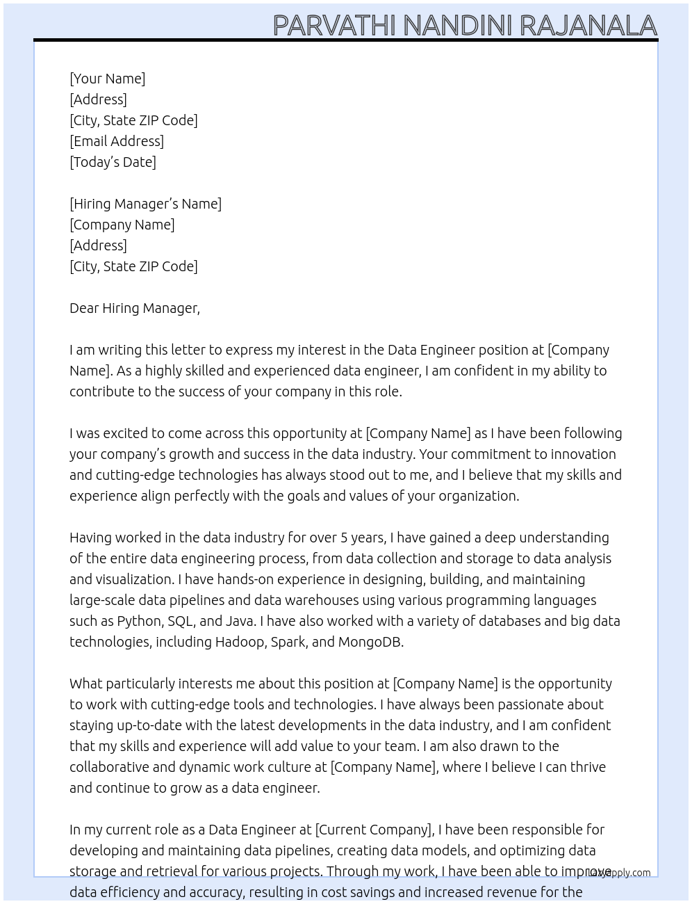 Data Engineer At this Cover Letter