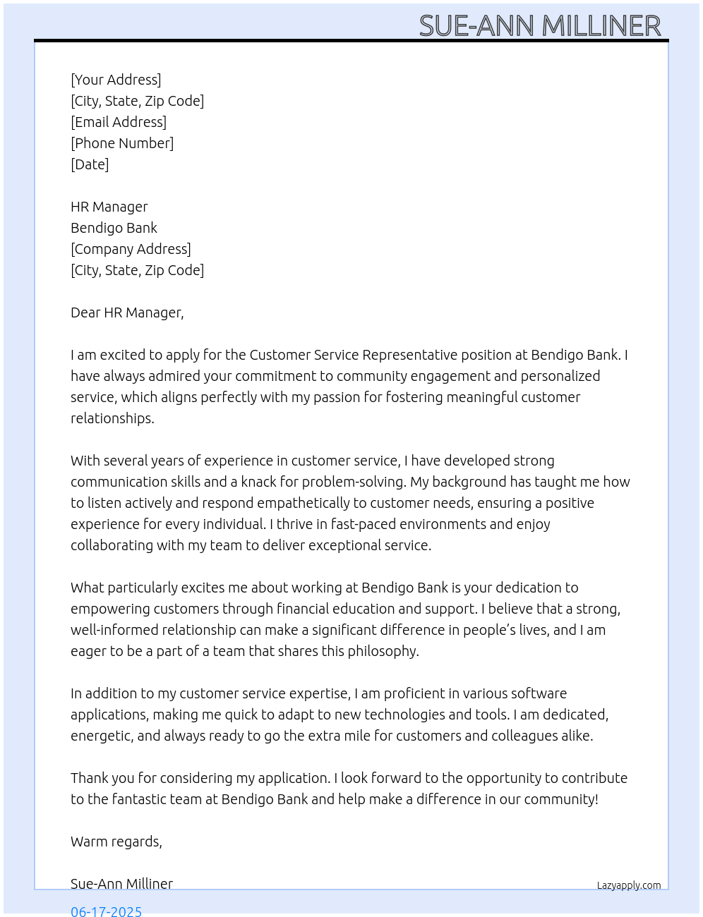 Customer service representative At Bendigo Bank Cover Letter