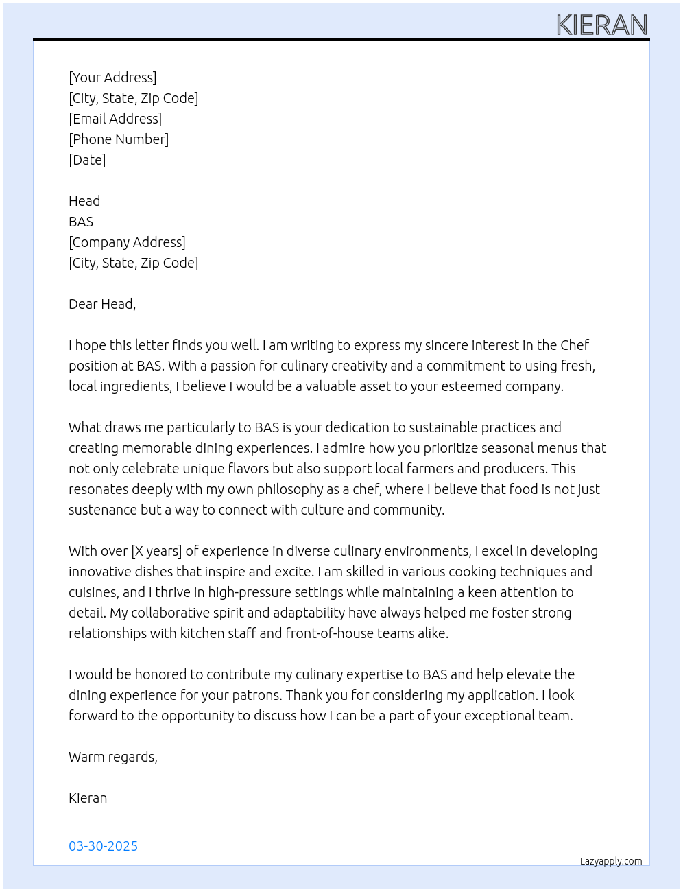 Chef At BAS Cover Letter