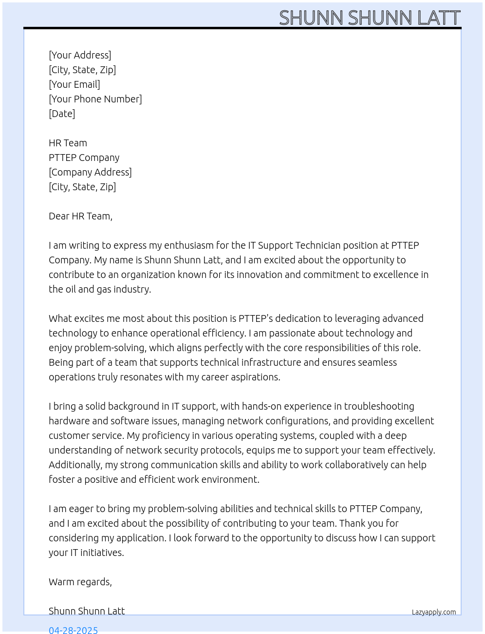 IT Support Technician At PTTEP Company Cover Letter