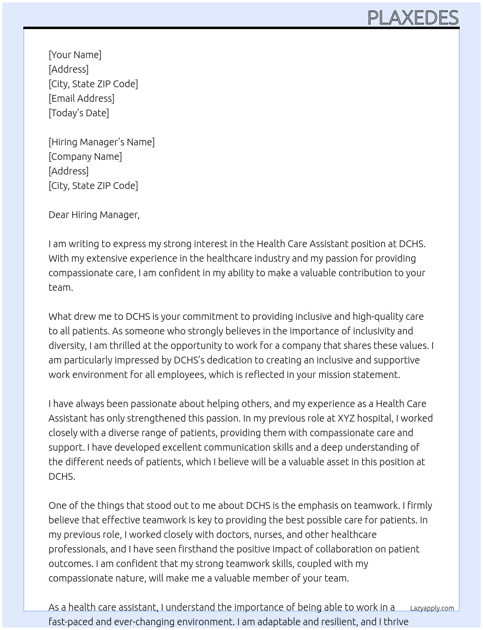 health care assistant At DCHS Cover Letter