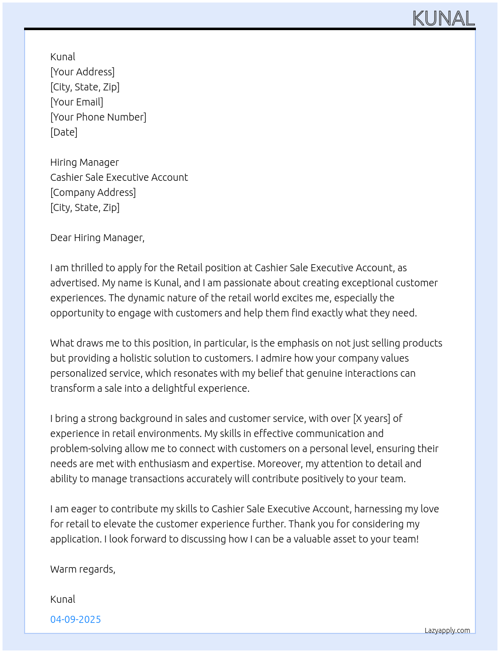 retail At cashier sale exucitive account Cover Letter