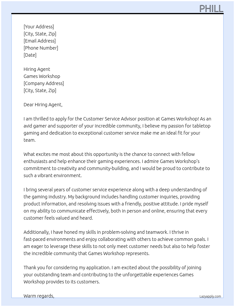 Customer Service Advisor At Games Workshop Cover Letter