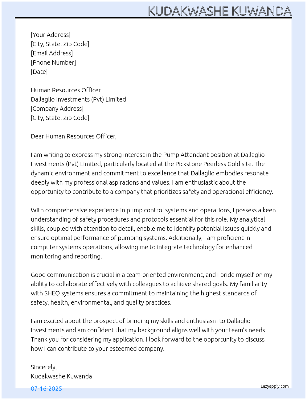 Pump Attendant  At Dallaglio Investments (Pvt) Limited  Cover Letter