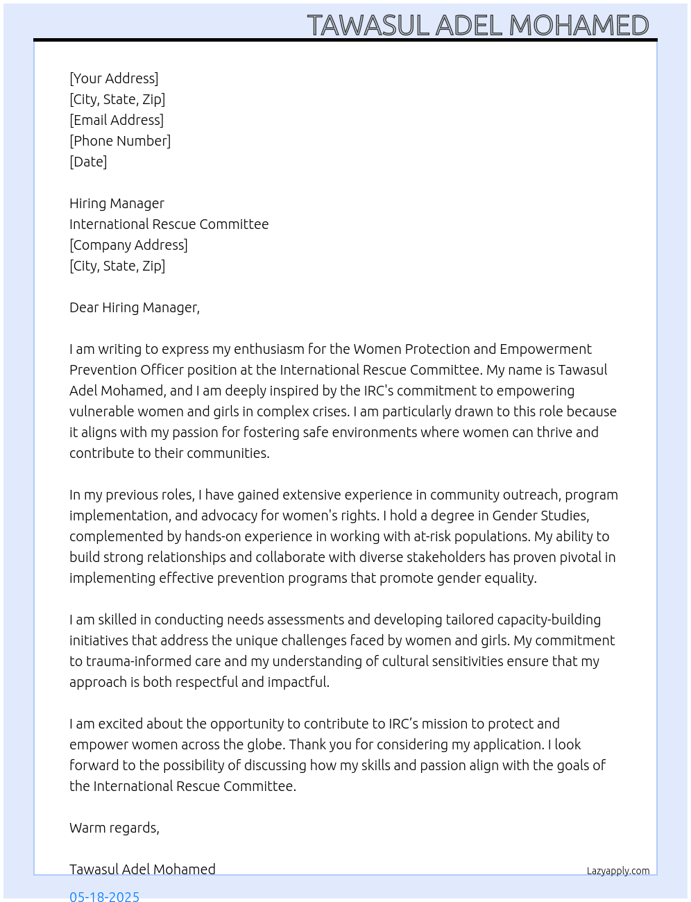 Women protection and Empowerment prevention Officer At international Rescue committee Cover Letter