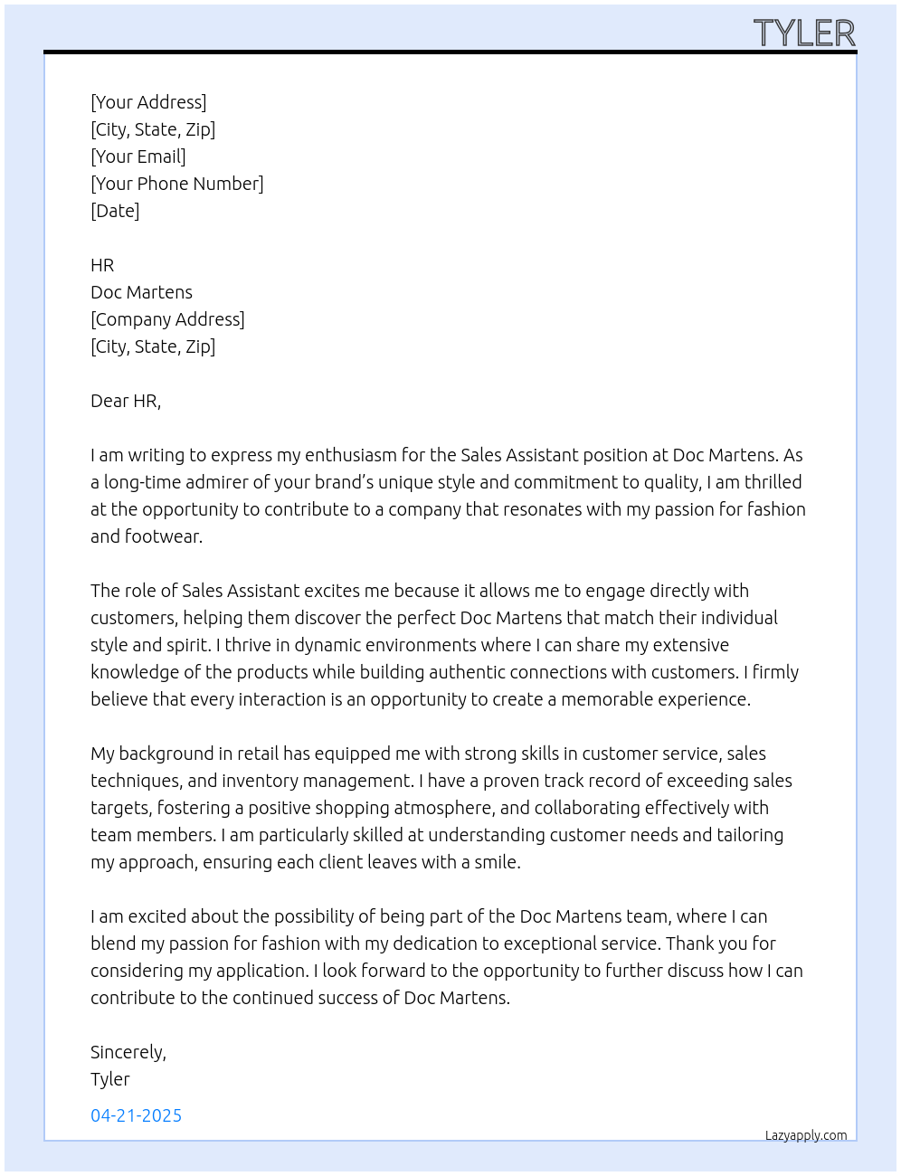 Sales Assistant At Doc Martens Cover Letter