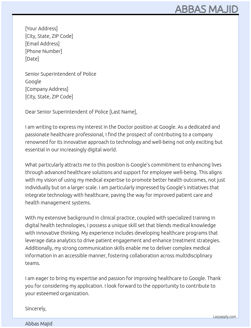 Doctor At Google Cover Letter