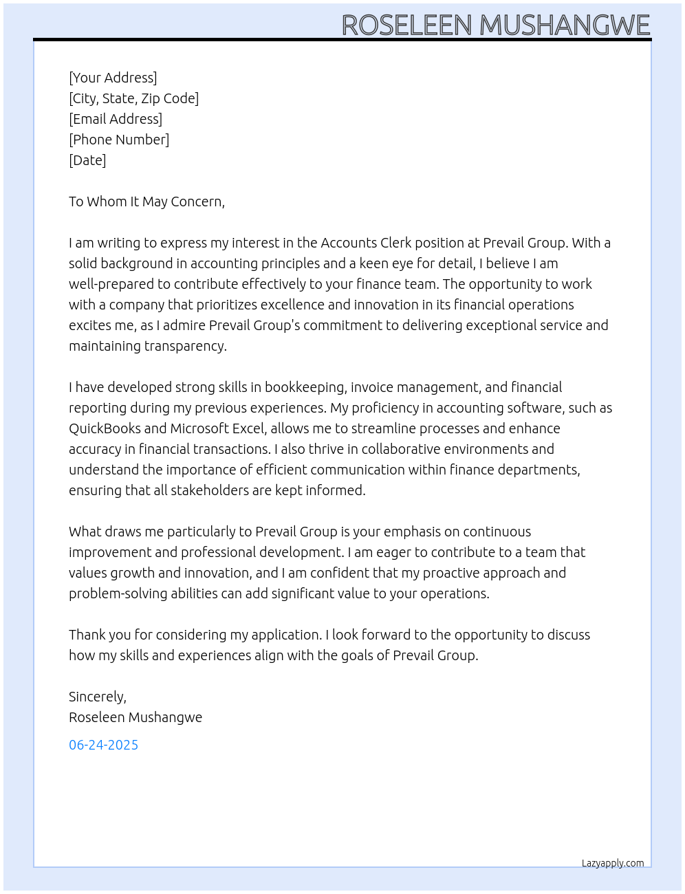 Accounts clerk At Prevail group Cover Letter