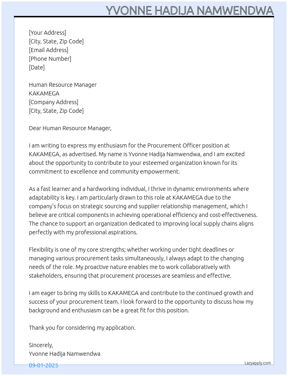 Procurement Officer At KAKAMEGA Cover Letter