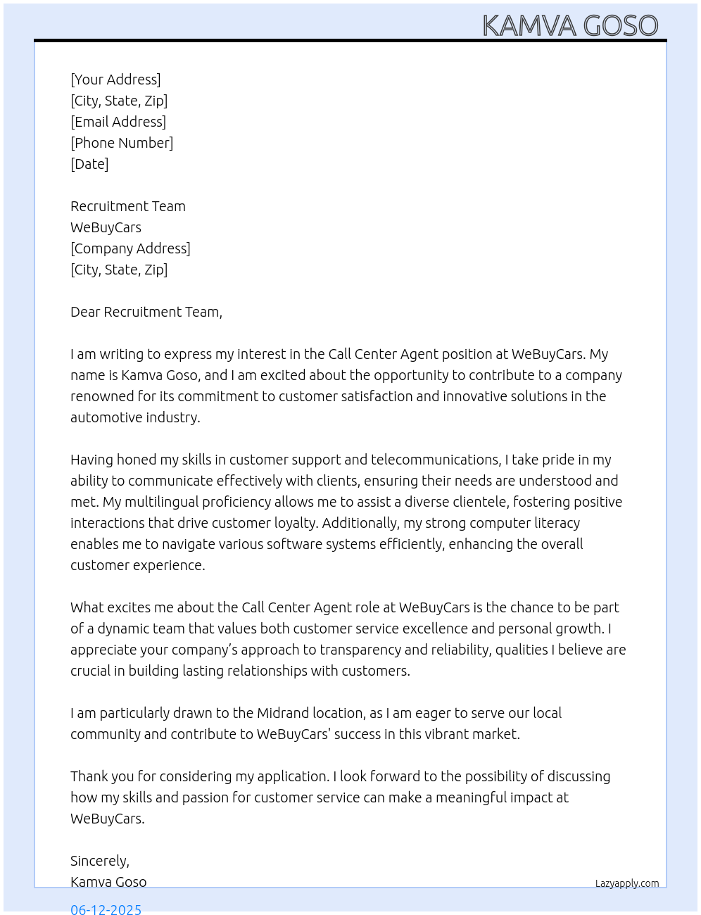 Call Center Agent At WeBuyCars Cover Letter