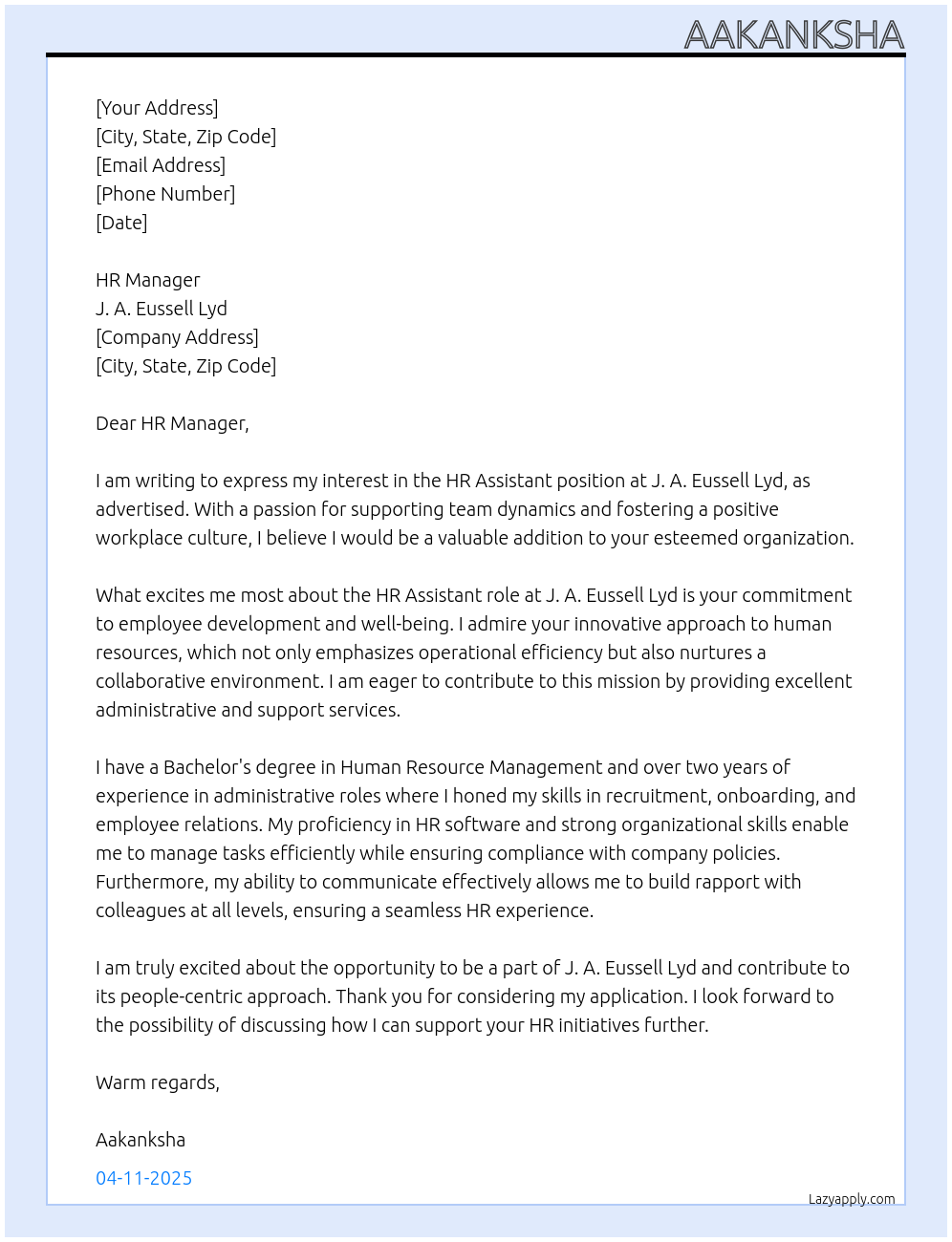 HR Assistant At J. A. Eussell Lyd Cover Letter