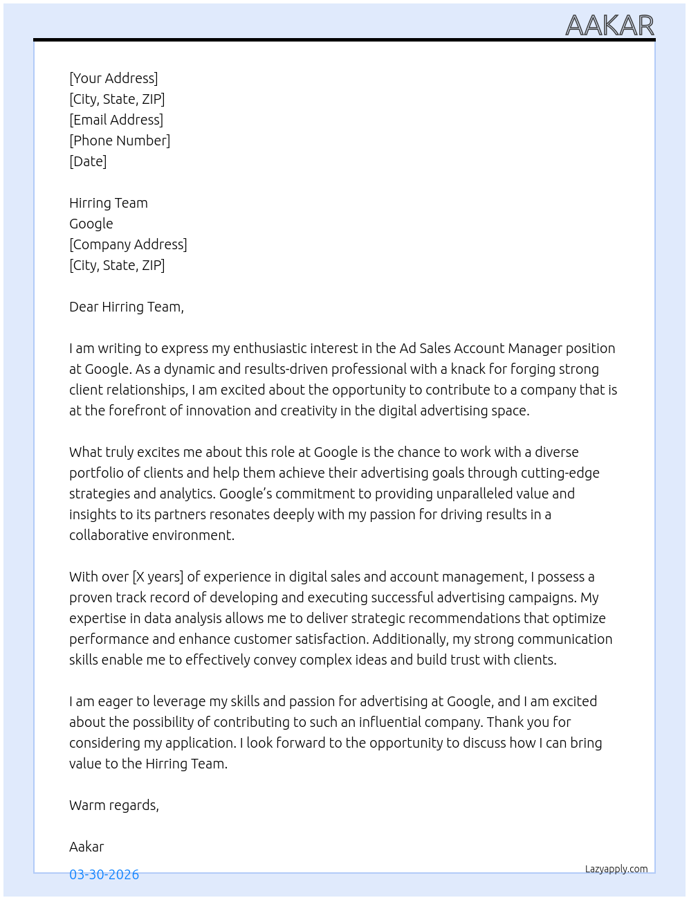 Ad sales account managaer At google Cover Letter