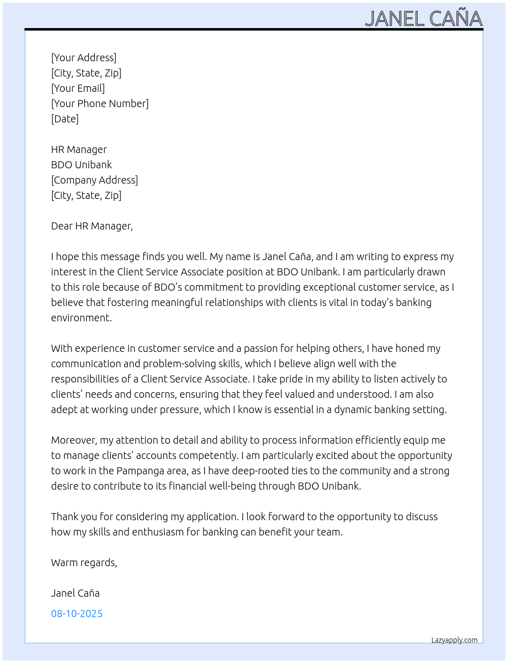 client service associate At BDO Unibank Cover Letter