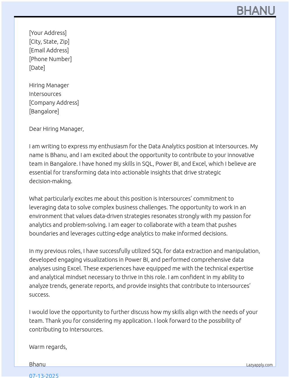 Data Analytics At Intersources Cover Letter