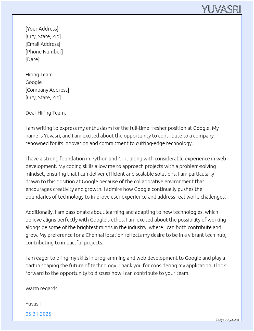 Fresher At Google Cover Letter