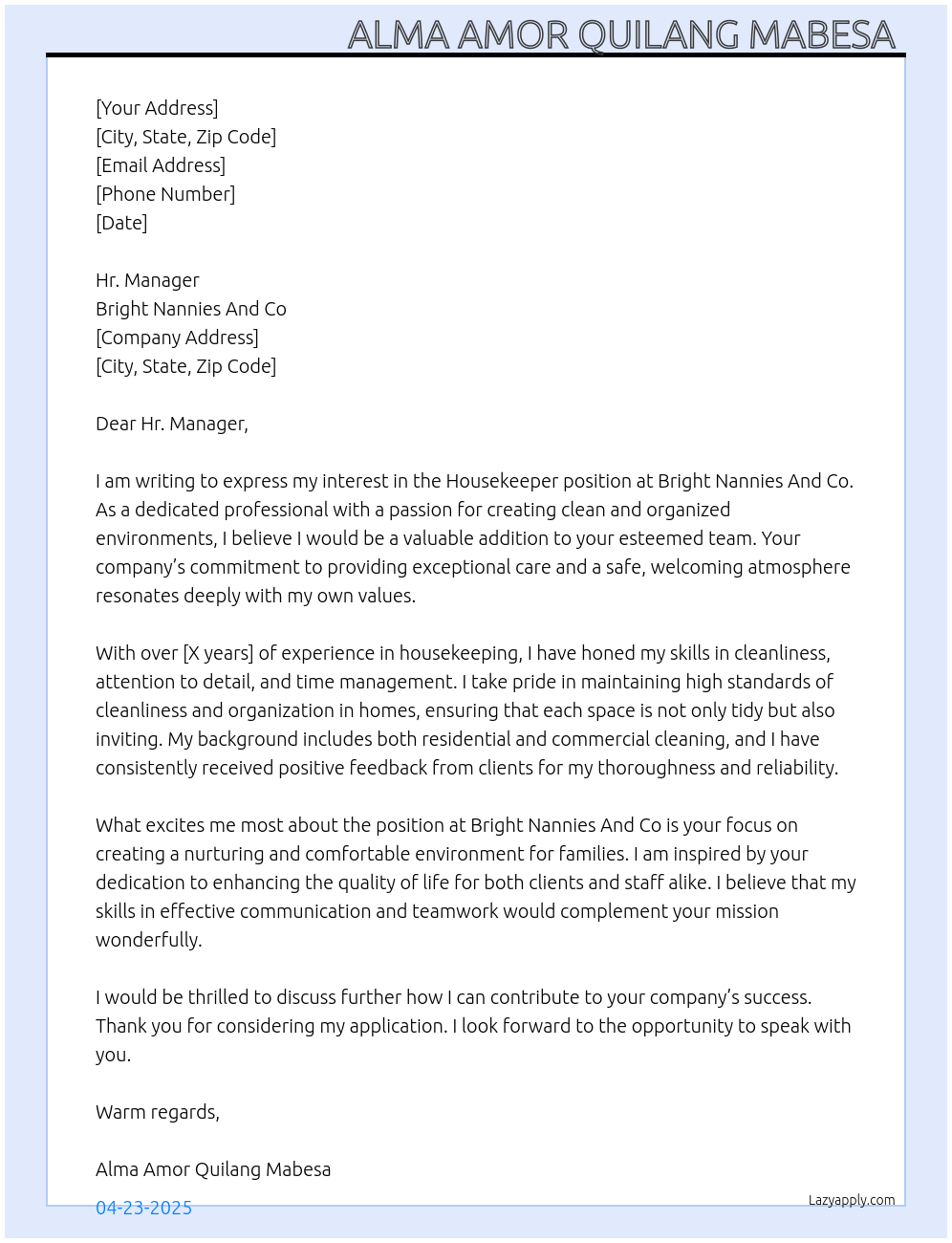 Housekeeper At Bright Nannies And Co Cover Letter