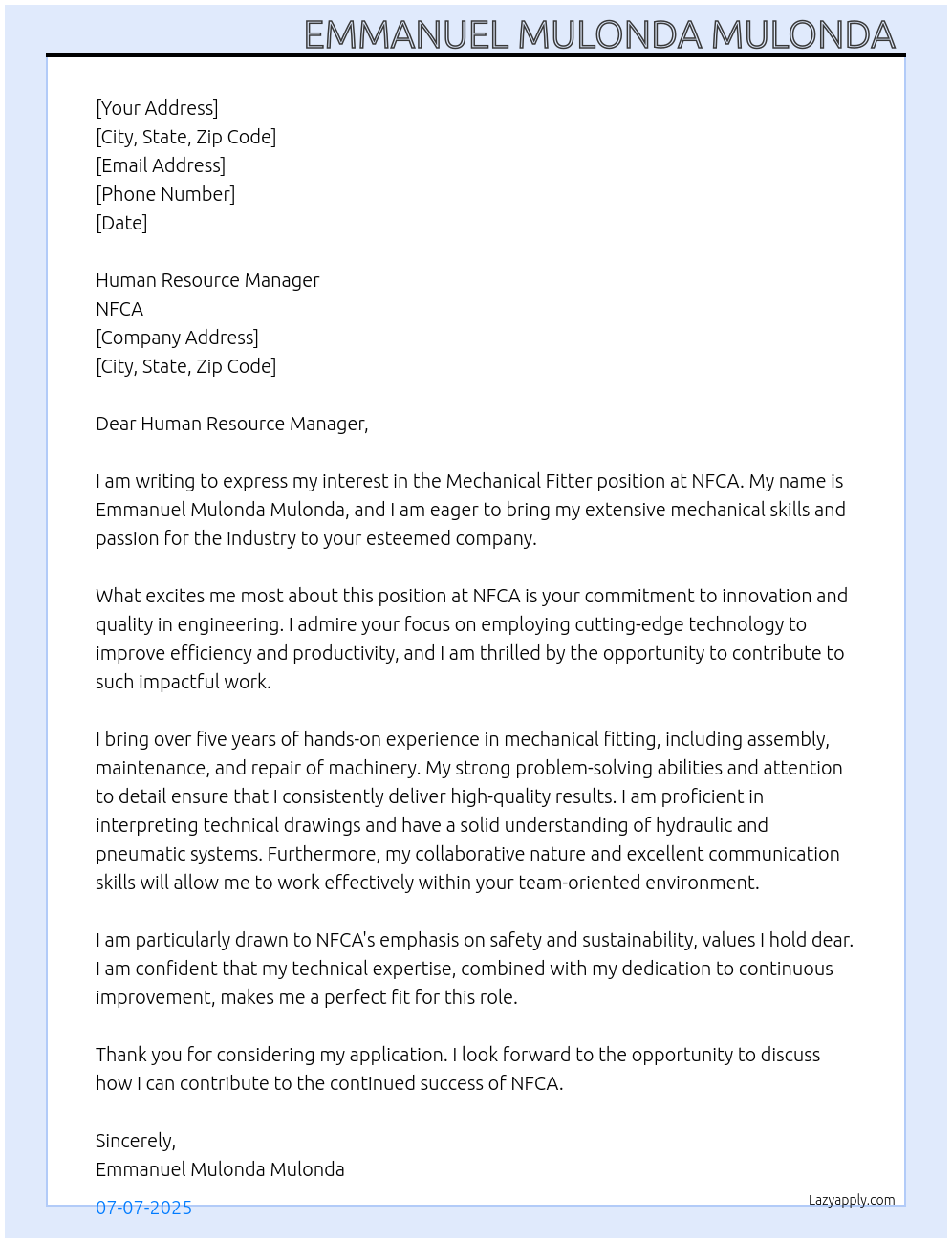 Mechanical fitter At NFCA Cover Letter