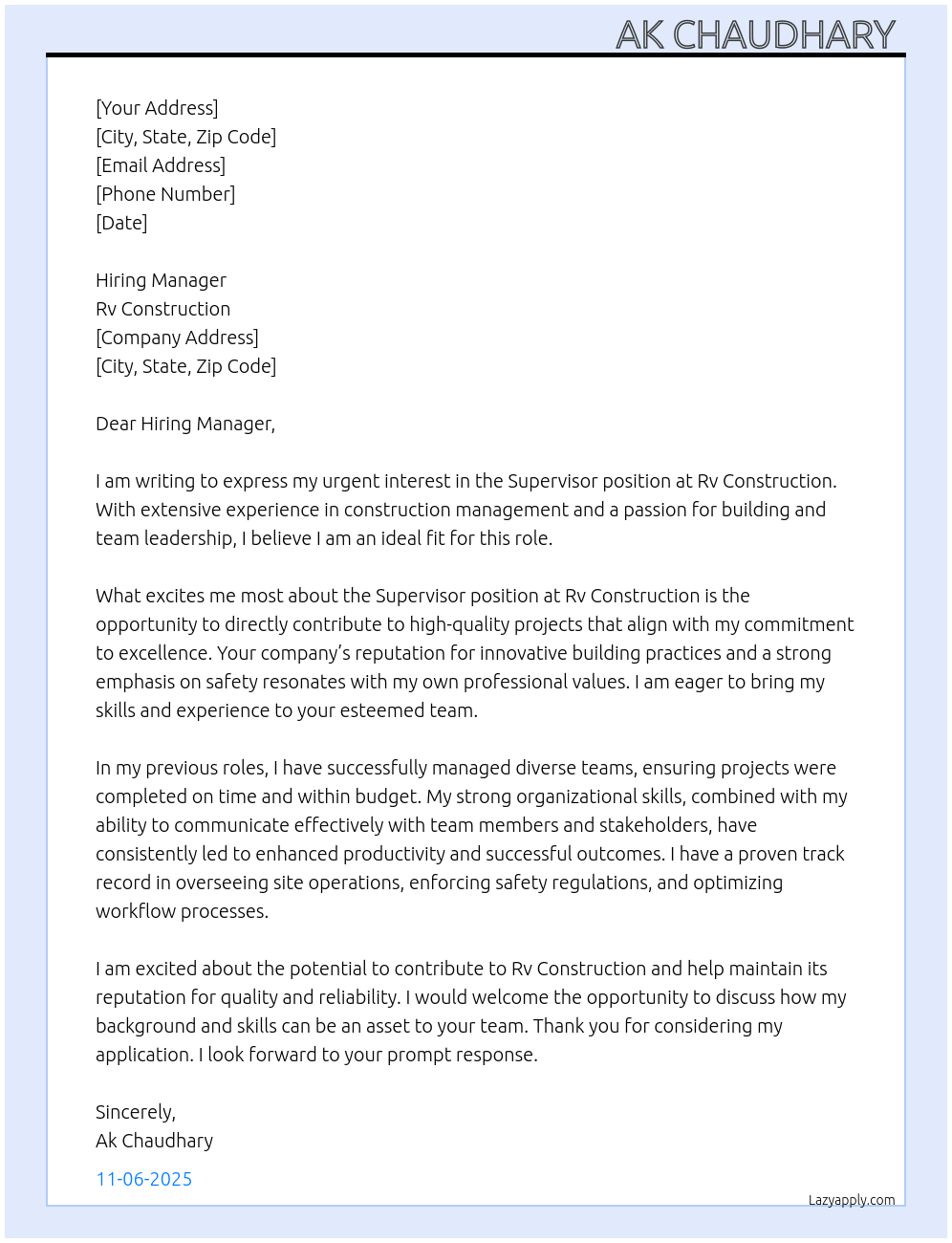 Supervisor At Rv construction Cover Letter