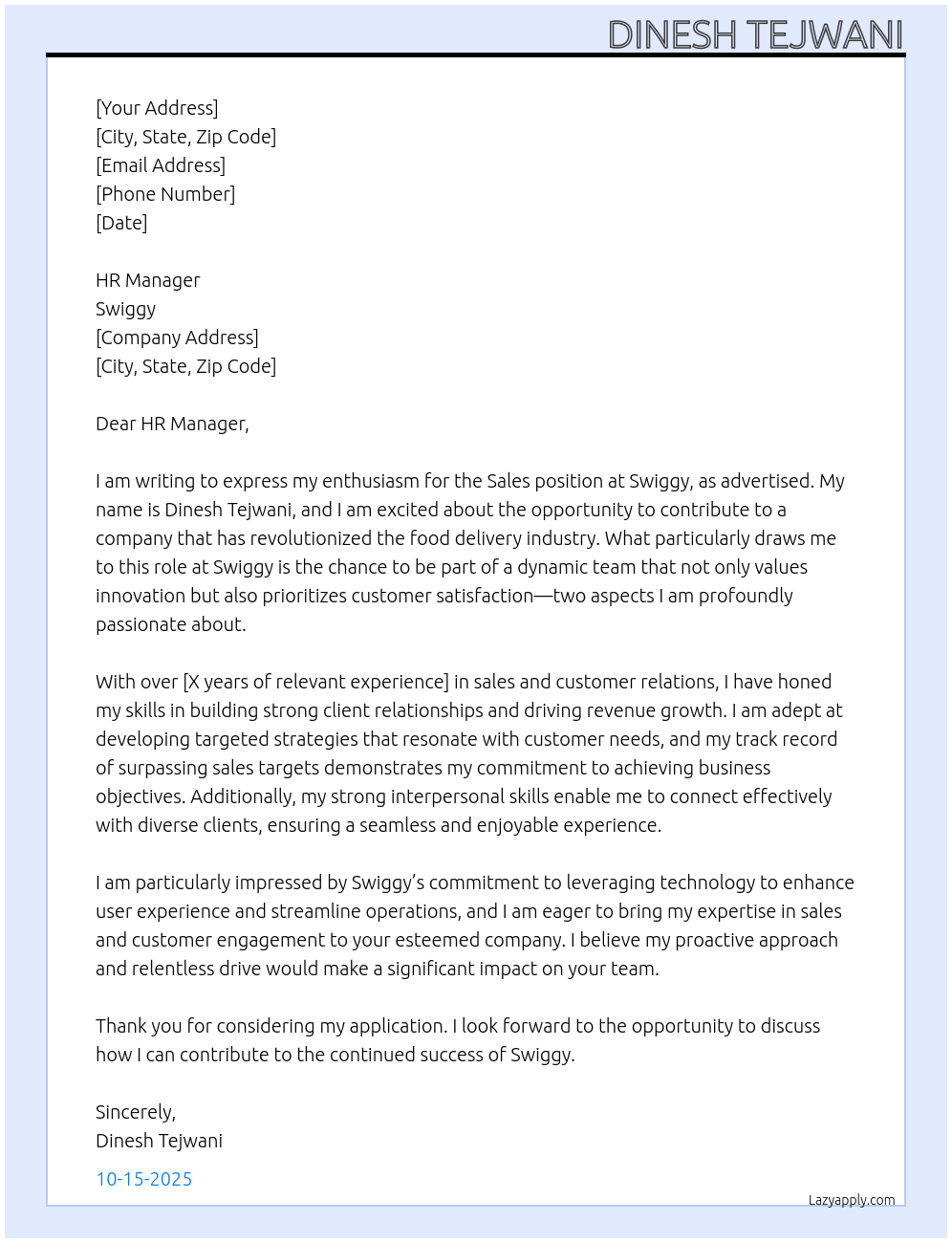 sales At swiggy Cover Letter