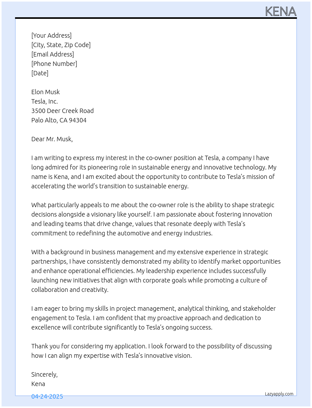 co owner At tesla Cover Letter