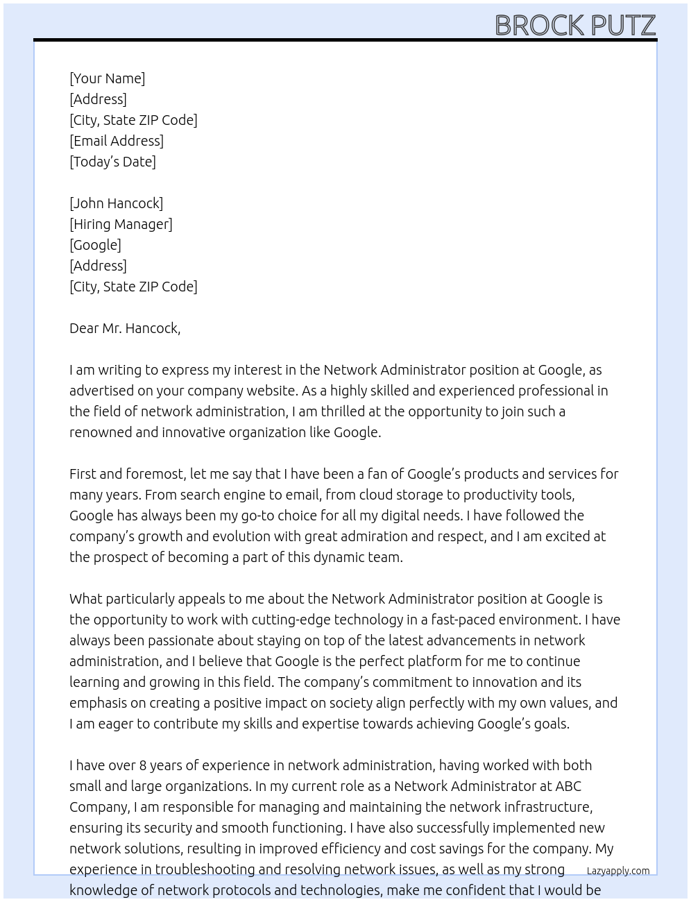 Cover letter for network administrator - LazyApply