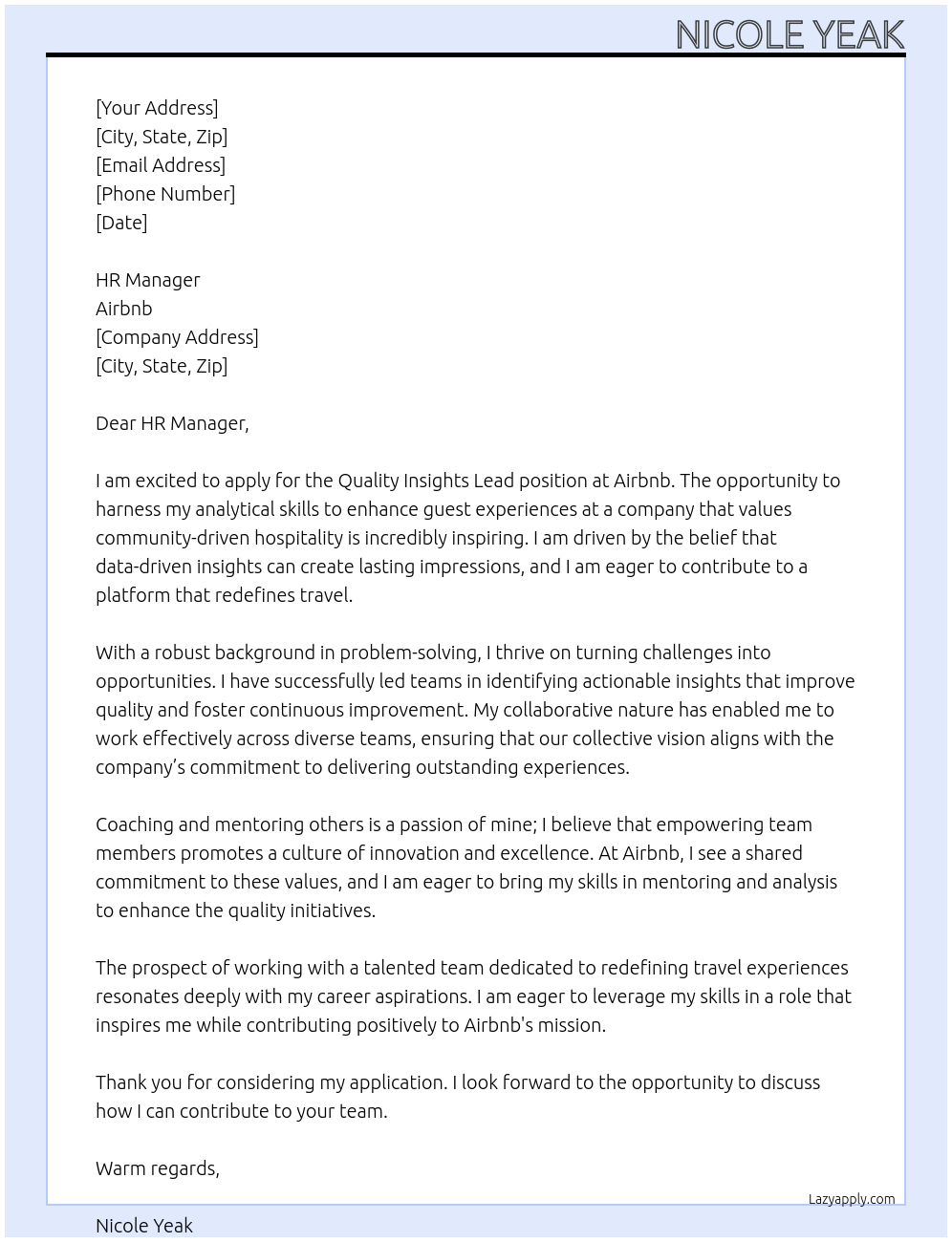 Quality Insights Lead At Airbnb Cover Letter