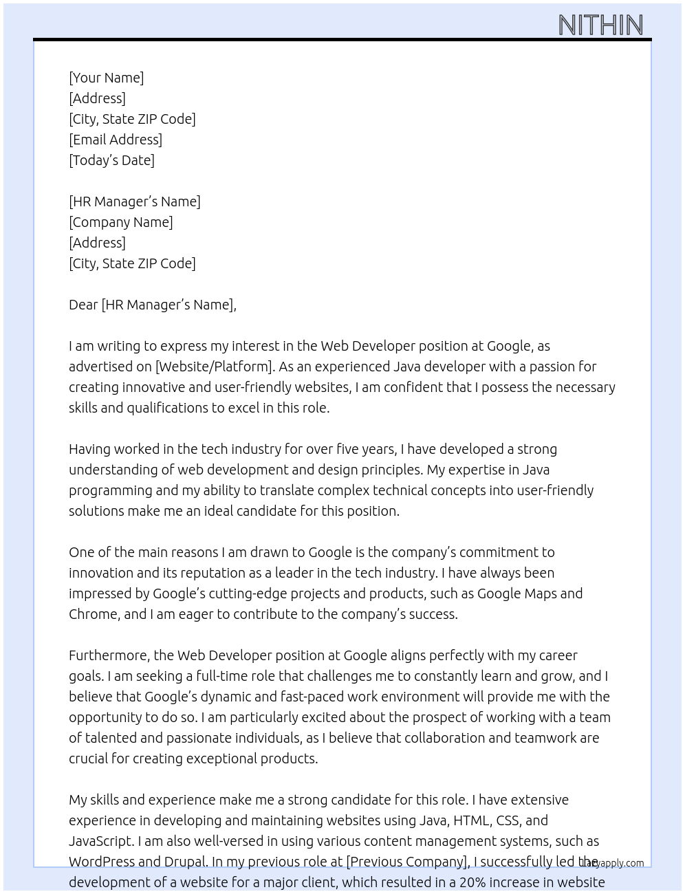 Web developer At Google Cover Letter