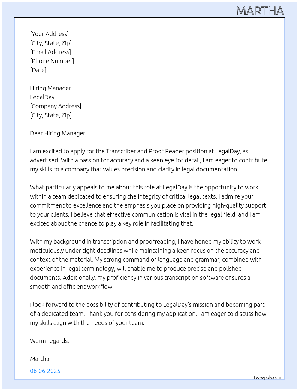 Cover letter for transcriber and proof reader - LazyApply