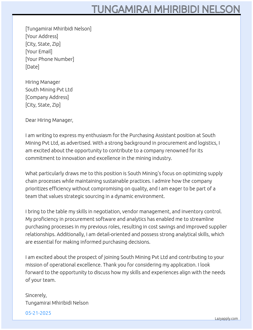 Purchasing Assistant At South Mining Pvt Ltd Cover Letter