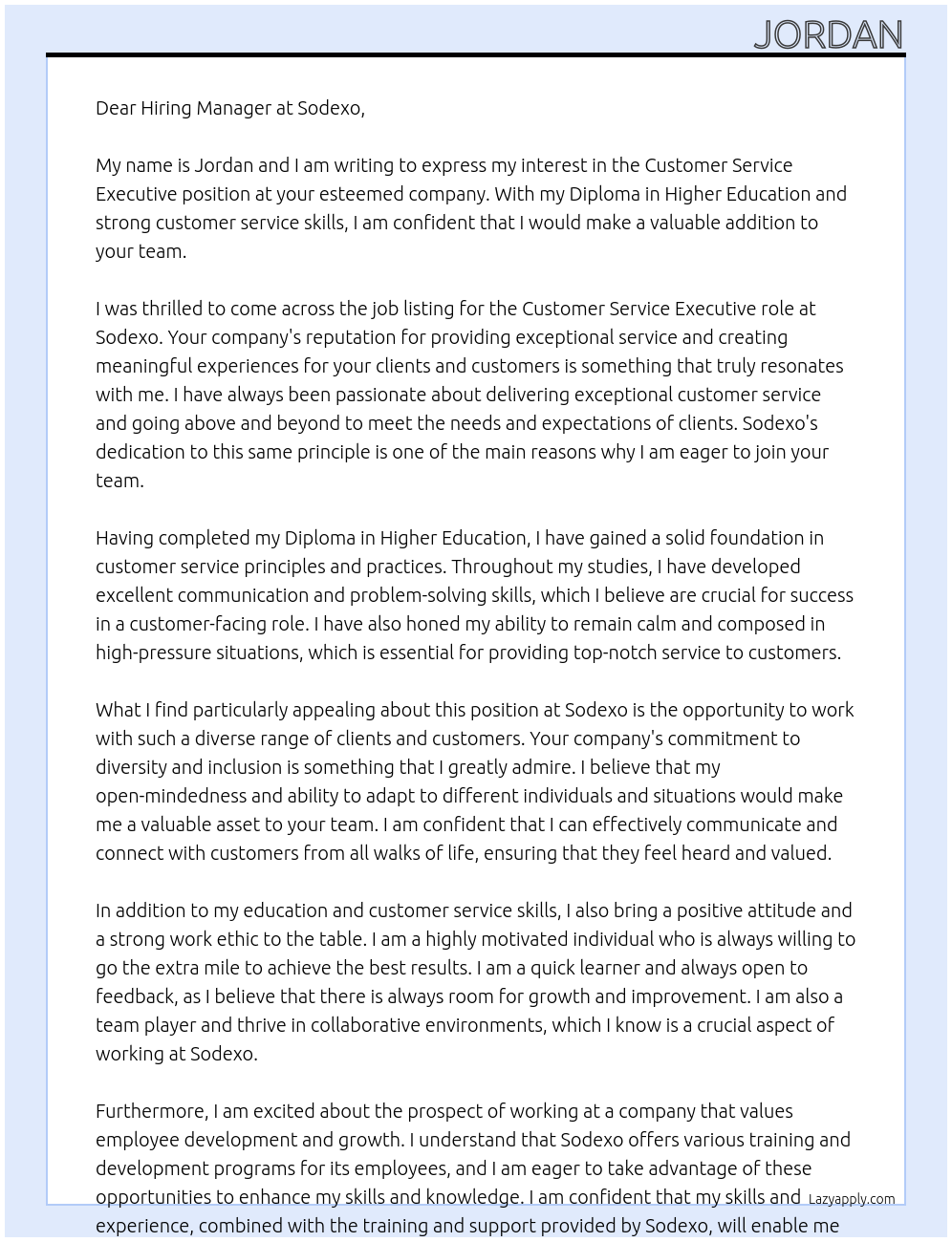 Customer Service Executive At Sodexo Cover Letter