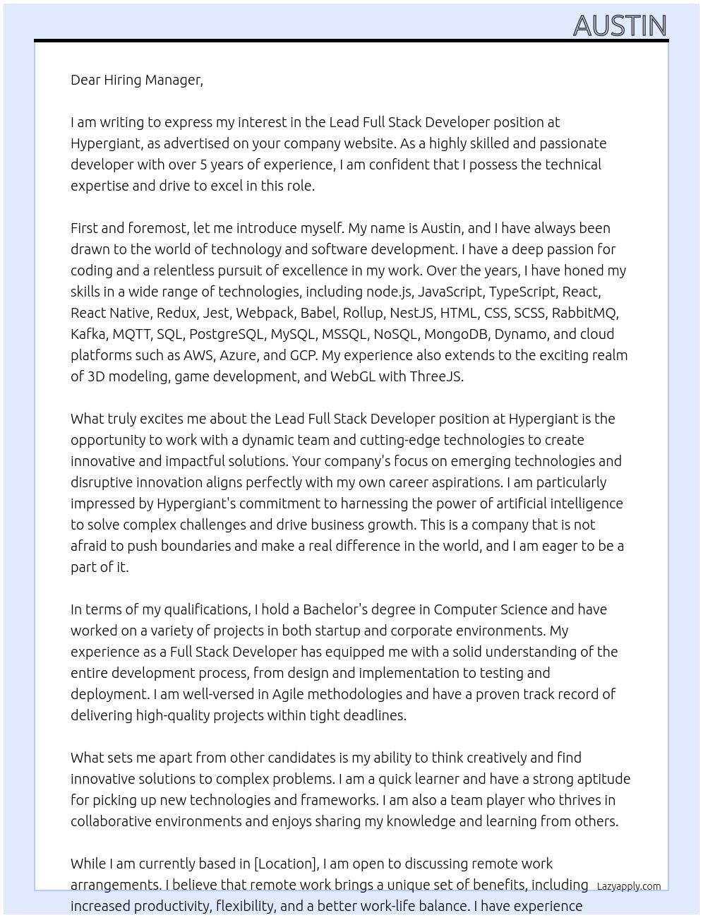 Cover letter for lead full stack developer - LazyApply