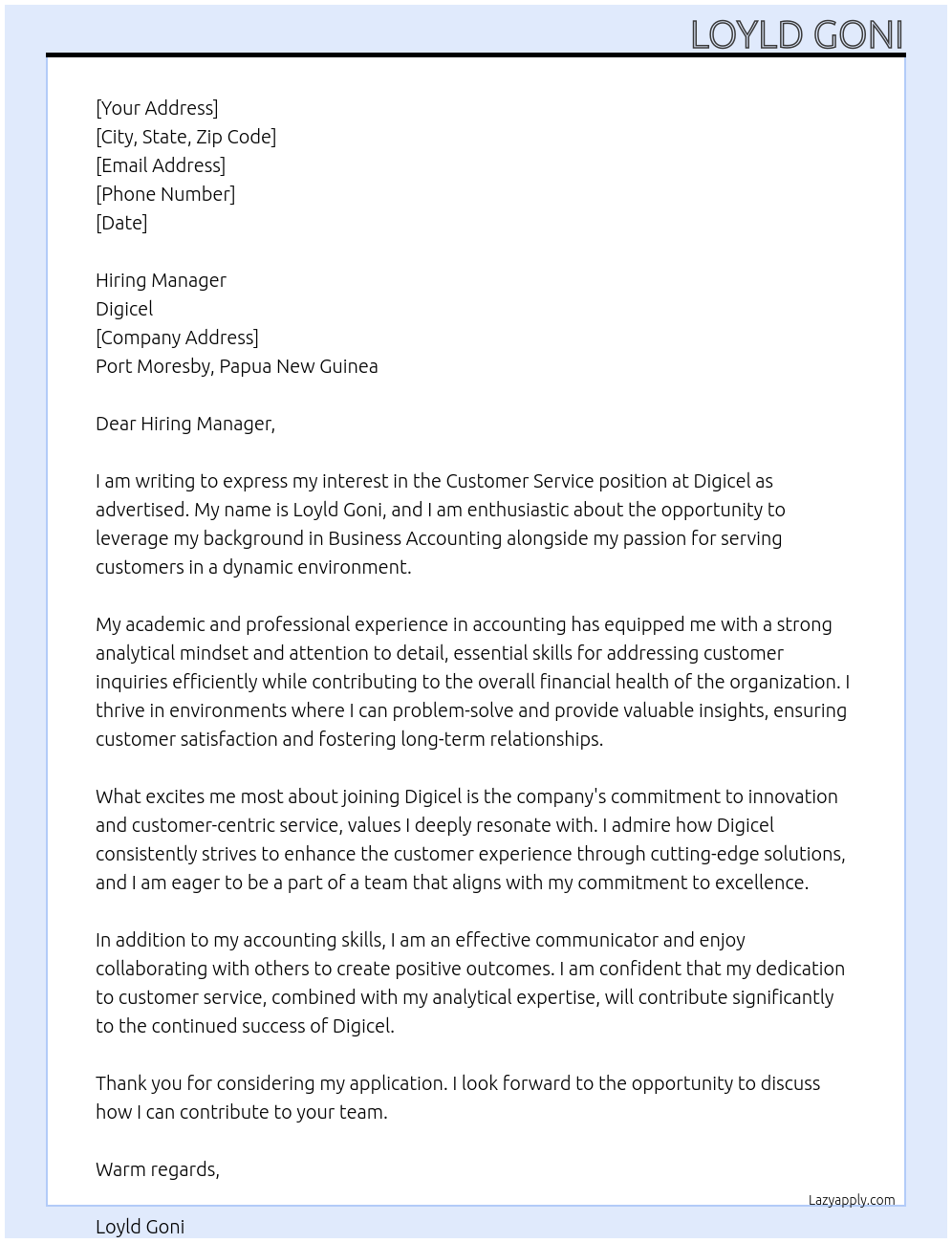 Customer service At Digicel Cover Letter