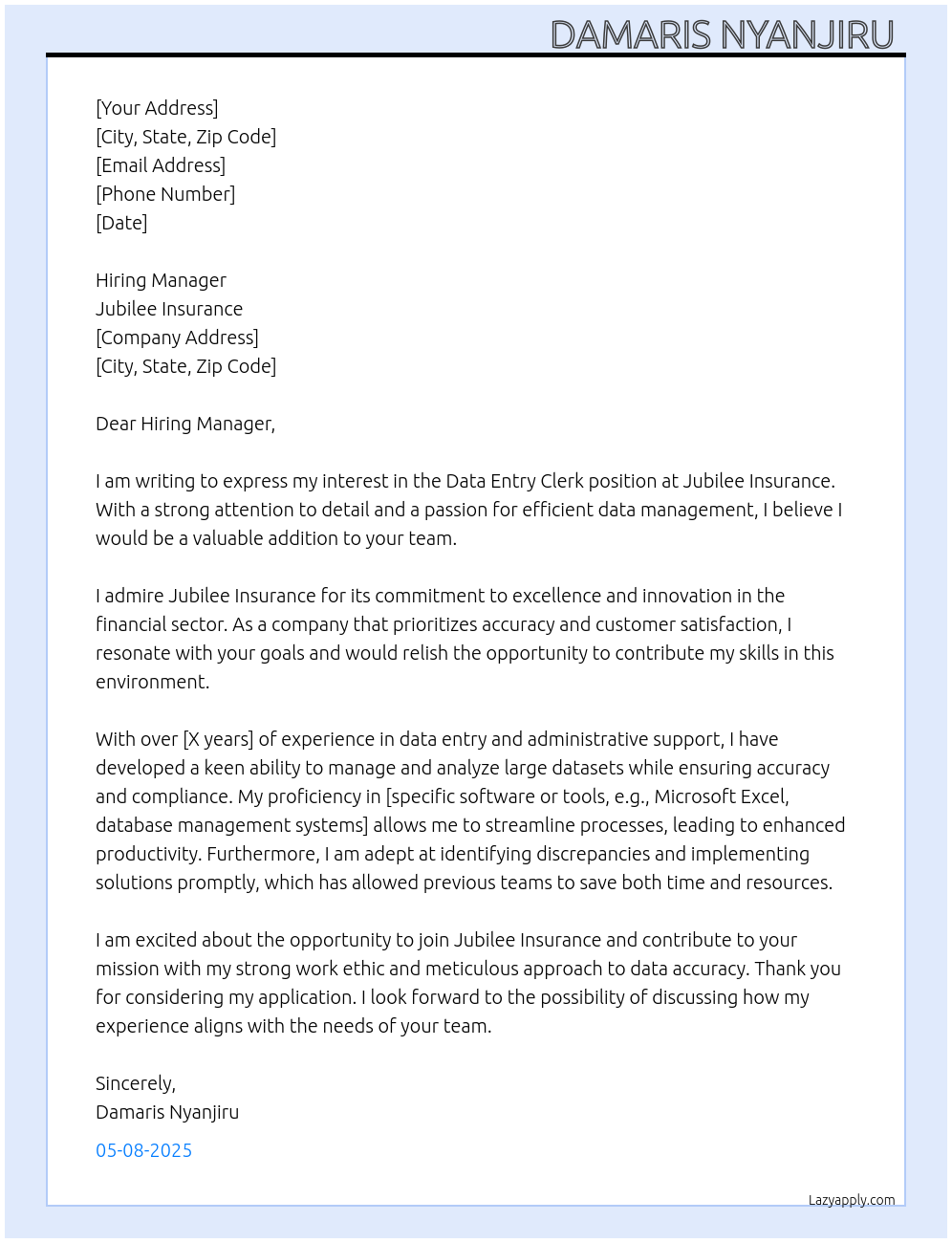 Data entry clerk At Jubilee Insurance Cover Letter