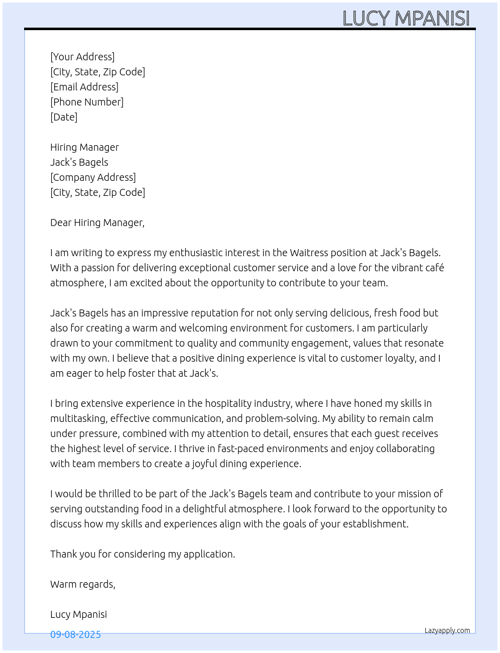 Waitress  At Jack's Bagels  Cover Letter