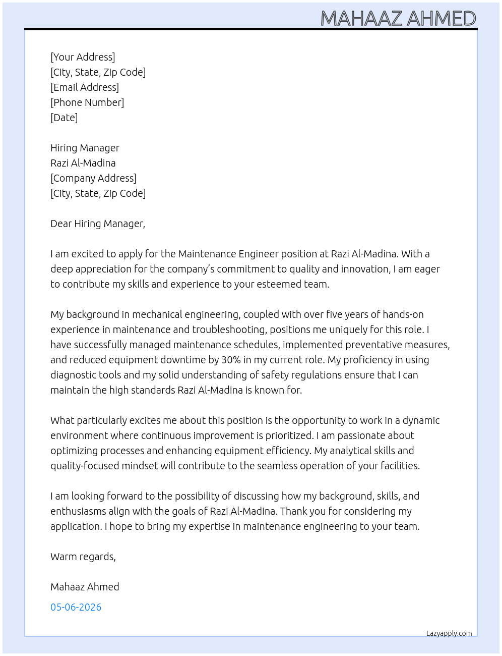 Maintenance Engineer At Razi Al-Madina Cover Letter
