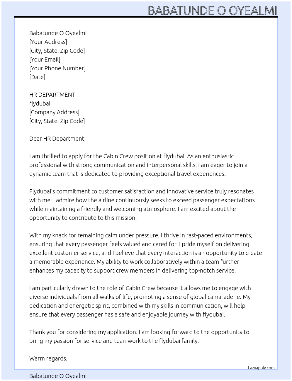Cabin Crew At flyduba Cover Letter