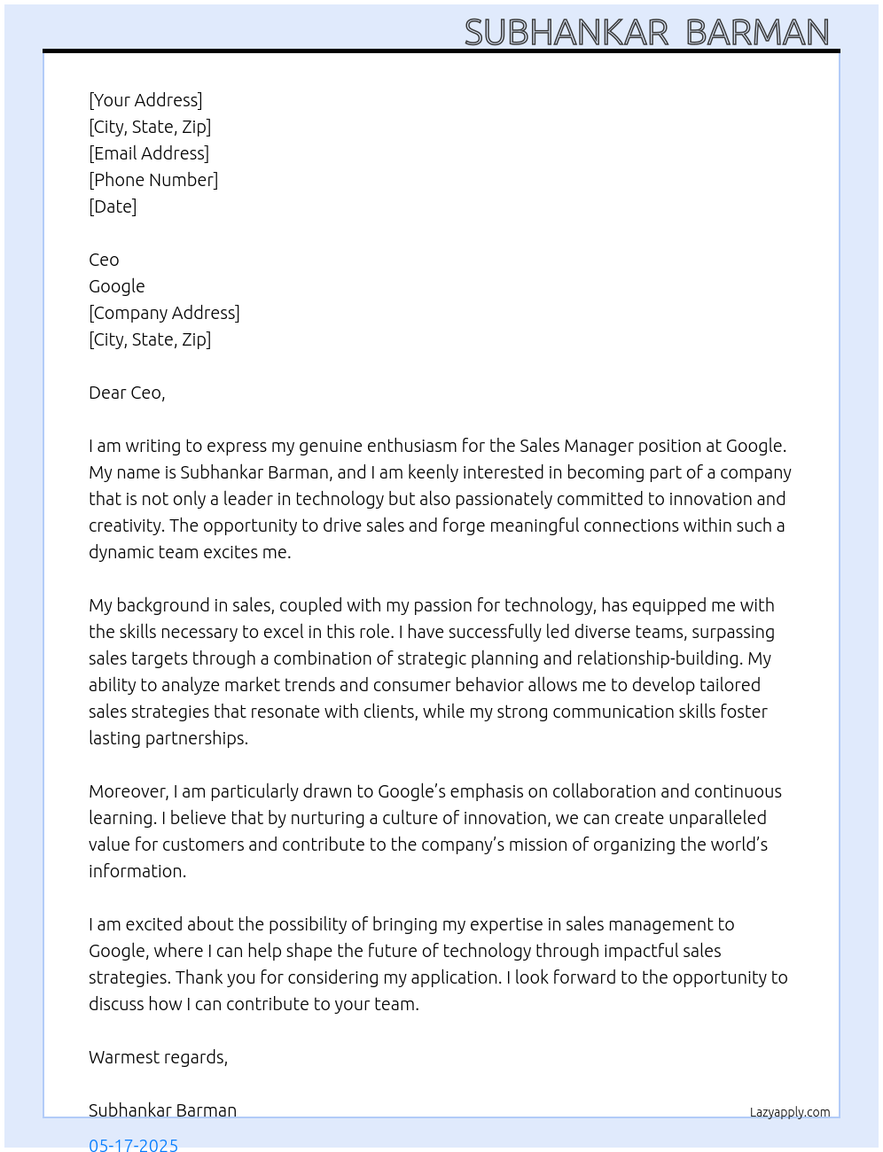 Sales manager At Google Cover Letter