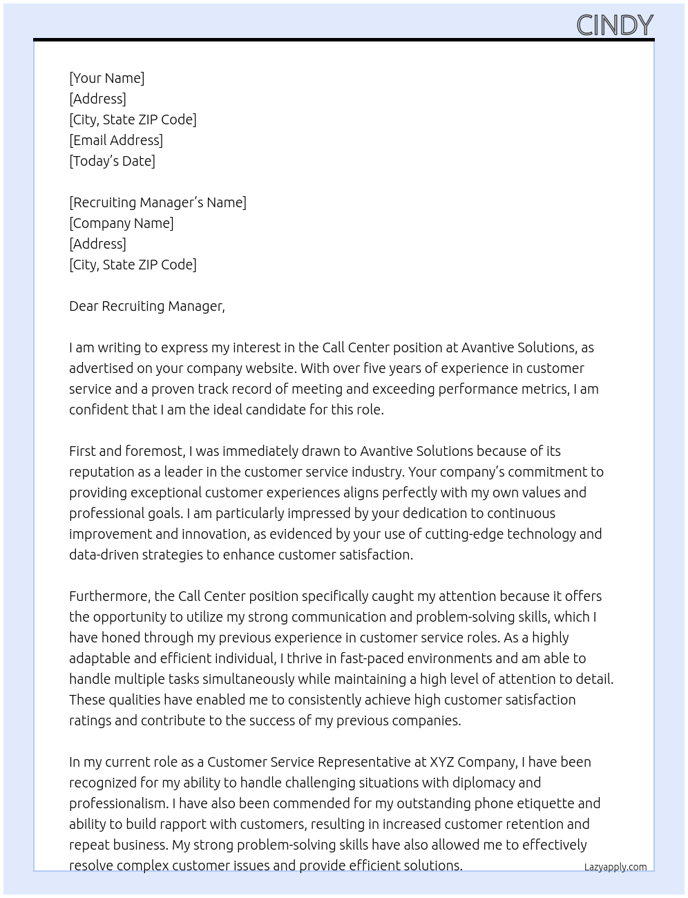 Call center At Avantive Solutions Cover Letter