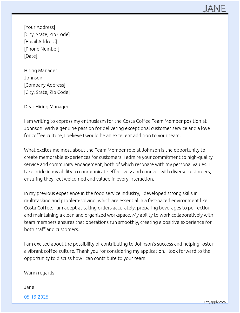 Cover letter for costa coffee team member - LazyApply