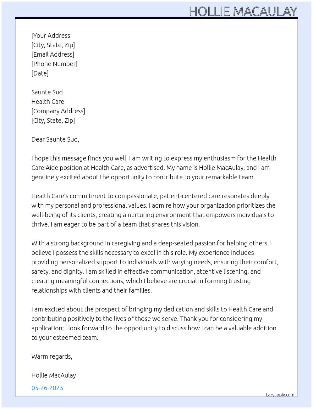 Health Care Aide At Health Care  Cover Letter