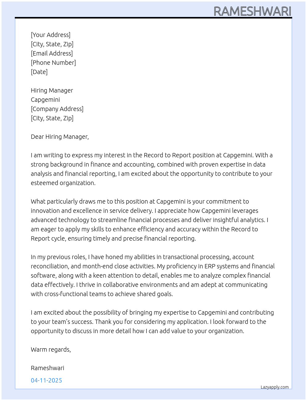 Record to Report At Capgemini Cover Letter